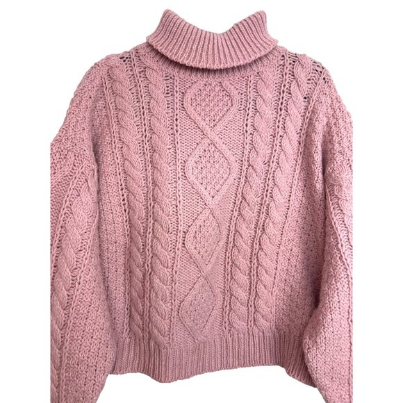 Vtg Laura Ashley Women's M/L Pink Cable Knit Turtleneck Sweater Chunky Boxy - Picture 2 of 11